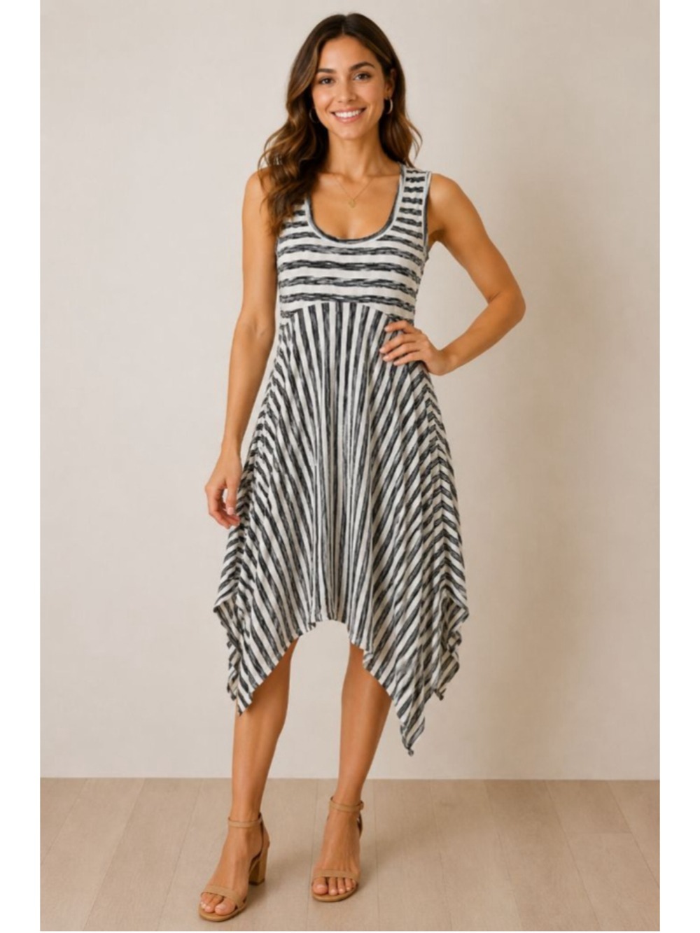 Calvin Klein Black White Striped Handkerchief Hem Dress Small Sleeveless Boho